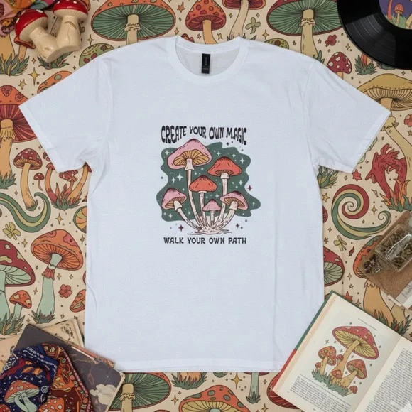 CREATE YOUR OWN MAGIC Mushroom T Shirt Vintage Style Graphic Boho Womens Sz L/XL - Picture 3 of 10